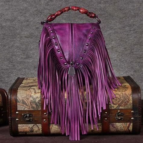 Purple Leather Fringe Bag Shoulder Vintage Handbags With Bamboo Handle Leather Fringe Bag