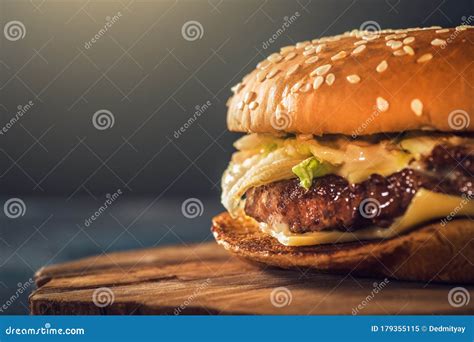 Fresh Delicious Homemade Burger Or Hamburger With Juicy Meat Cheese