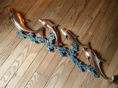 Retro Wall Decor Brass Dolphins Leaping And Playing In Blue Etsy