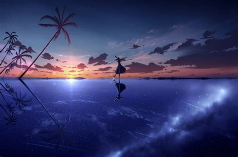 Download Tree Sea Sunset Sky Anime Original Hd Wallpaper By Nengoro