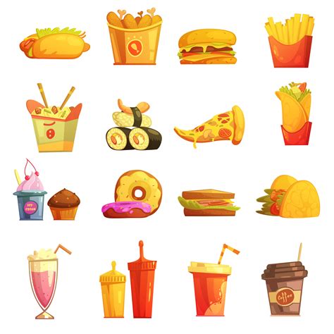 Fast Food Retro Cartoon Icons Set 476471 Vector Art At Vecteezy