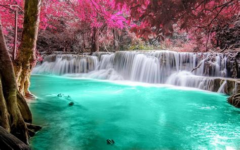 Waterfall Forest Colorful Nature Thailand Trees Landscape Pink Turquoise White