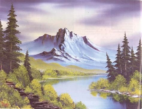 An Oil Painting Of A Mountain Lake Surrounded By Trees