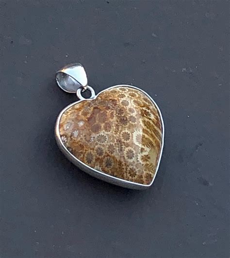 Fossil Coral Large Heart Cabochon Pendant Set In Fine Sterling Etsy