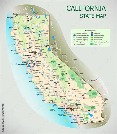 California State Map Roads Cities National Parks Tourist Stock
