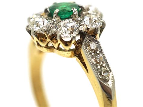 Edwardian Ct Gold Emerald Diamond Cluster Ring With Diamond Set