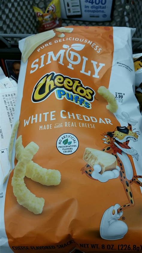 Cheetos crunchy cheese, 205 gm. Cheetos puffs simply white cheddar are not vegetarian or ...