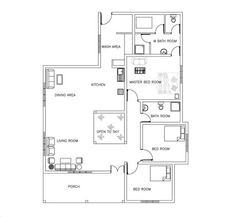 Single Story Three Bed Room House Plan Dwgnet Jhmrad 176295