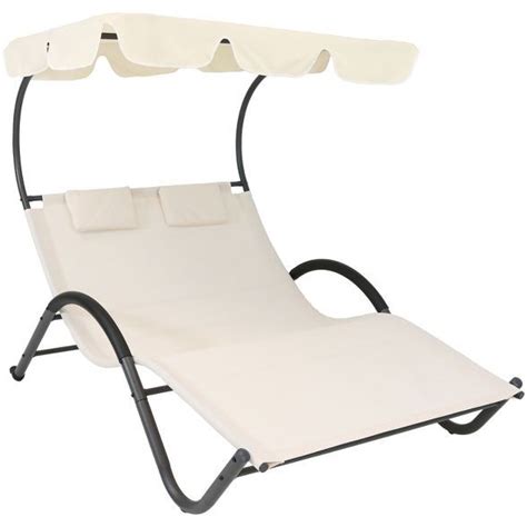 Sunnydaze Outdoor Double Chaise Lounge With Canopy Shade And Headrest Pillows Beige Double