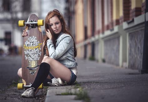 Wallpaper Women Model Street Sitting Jean Shorts Fashion Skateboard Spring Black