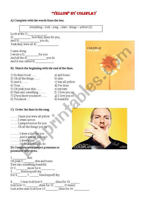 Song Yellow By Coldplay Esl Worksheet By Eugeniadelapaz