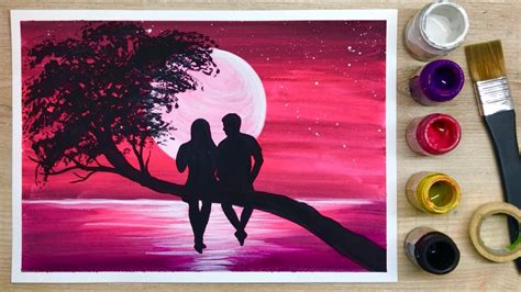 Ep 53 A Couple In A Full Moon Scenery Painting Tutorial สอนวาดภาพคู่รัก Youtube