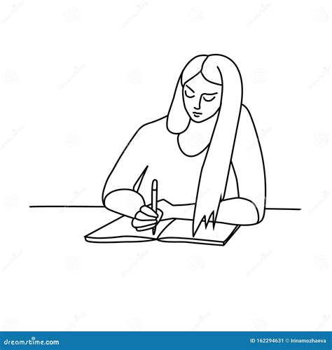 Happy Pretty Young Woman Or Girl With Long Hair Writing Diary Sitting