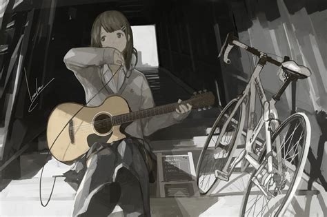 Wallpaper Anime Girls Artwork Skirt Bicycle Guitar Music Long