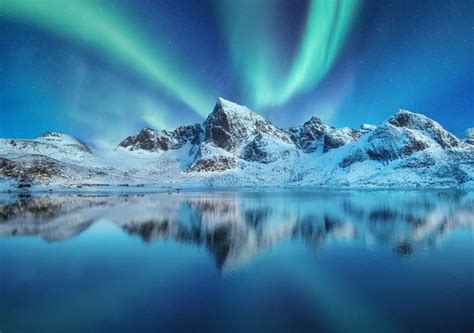 Aurora Borealis Lofoten Islands Norway Northen Lights Mountains And