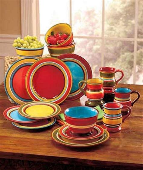 New 16 Pc Vibrant Southwest Fiesta Striped Dinnerware Set Bowls Plates