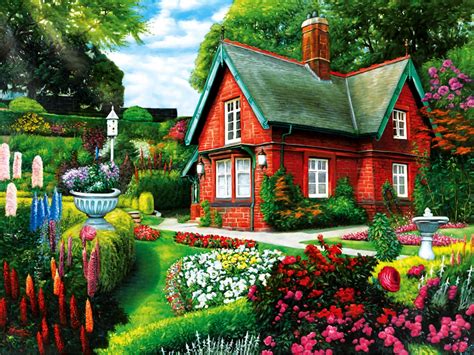 Houses Summer Cottage Painting Art Landscape Artwork