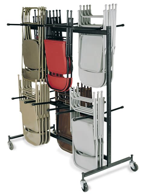 Most chair carts have four wheels and are able to accommodate at least 80 pieces of folding chairs or 45 pieces of stackable chairs. hanging chair cart and caddies at Handtrucks2go.com