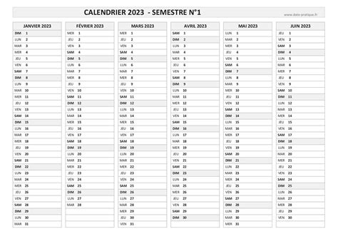 Calendrier 2023 Vierge à Imprimer Panning Annuel Semestriel Et