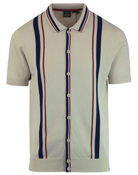 Merc Pilot Retro 1960s Mod Vertical Stripe Knitted Polo Shirt