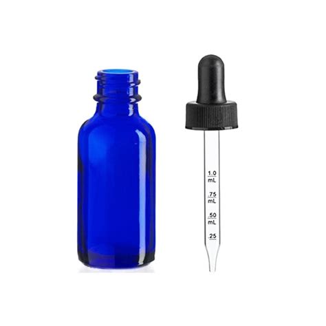 1 Oz Blue Boston Round Glass Bottle With White Calibrated Glass Dropper