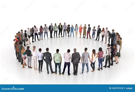 A Group Of Different People Stand In A Circle Isolated On A White