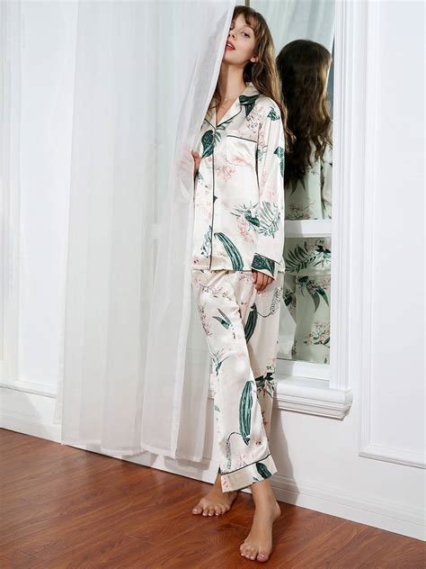 19 Momme Floral And Plants Print Long Silk Pajamas Set Fs125 199