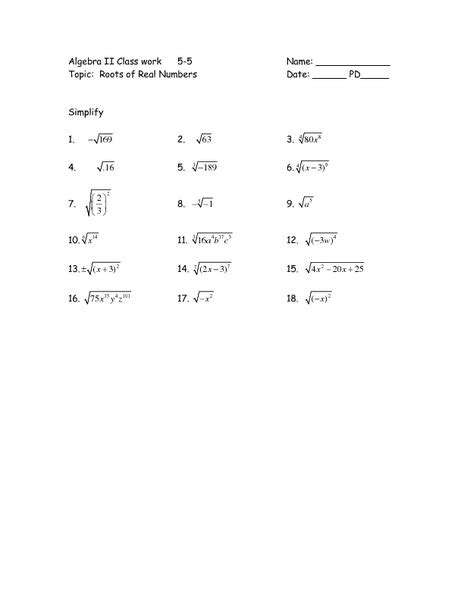 Roots Of Real Numbers Worksheet