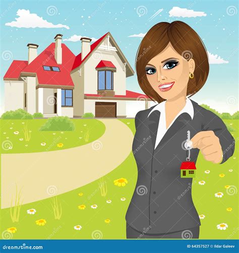 Female Real Estate Agent Holding The Key Of A New House Stock Vector Illustration Of Business