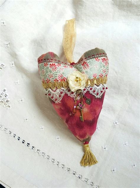 Handmade Heart Ornament Vintage Fabric Lace And Trim French