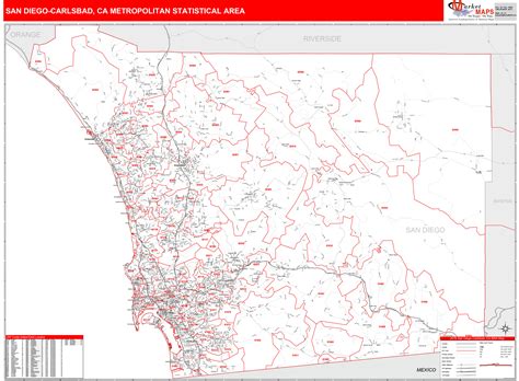 San Diego Carlsbad Ca Metro Area Wall Map Red Line Style By Marketmaps