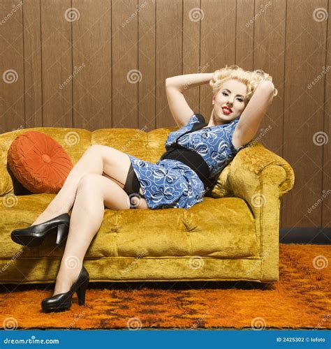 Woman Sitting On Retro Couch Stock Photography Image