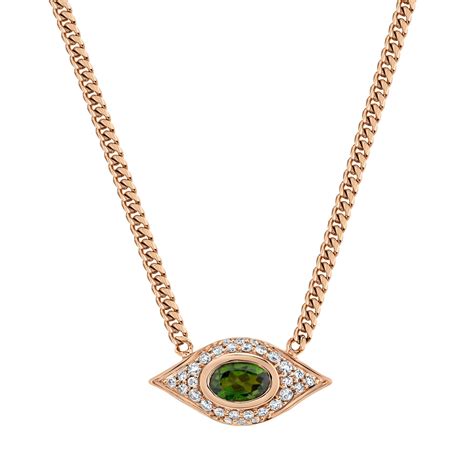 14k Rose Gold Diamond Oval Green Tourmaline Evil Eye Necklace