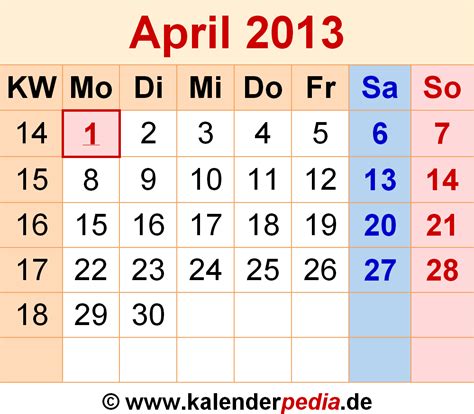 Kalender April 2013 Als Excel Vorlagen