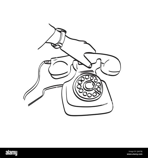Line Art Closeup Hand Holding Retro Telephone Illustration Vector Hand
