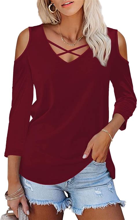 women blouses and shirts tops t shirts and blouses liofoer womens 3 4 sleeve blouse loose strappy
