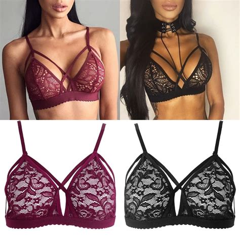 Women Sexy Crossing Bandage Crop Tops Floral Sheer Lace Bra Top