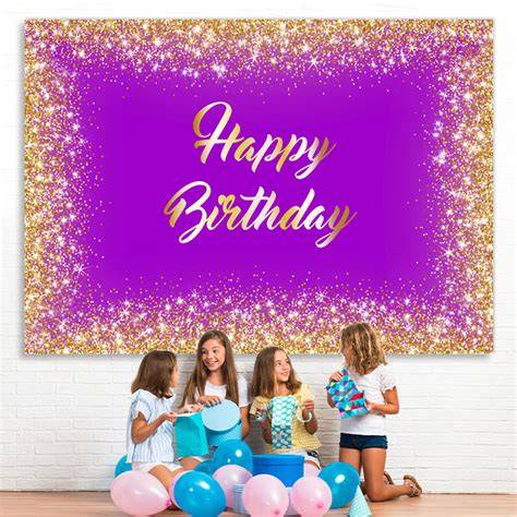 Purple And Gold Glitter Theme Happy Birthday Backdrop Lofaris