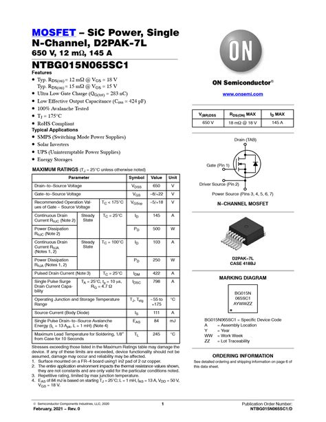 Datasheet Ntbg015n065sc1 On Semiconductor Preview And Download