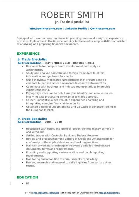 Import & export role is responsible for interpersonal, computer, leadership, microsoft, presentation, english responsibilities for specialist import / export resume. Trade Specialist Resume Samples | QwikResume