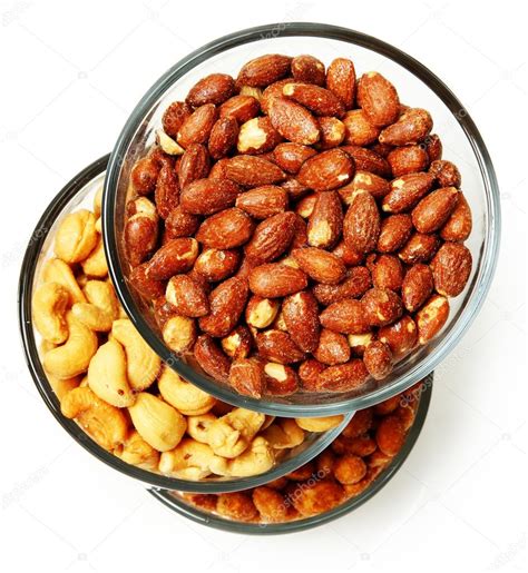 Three Glass Bowls Filled With Cashews Salted Roasted Almonds An
