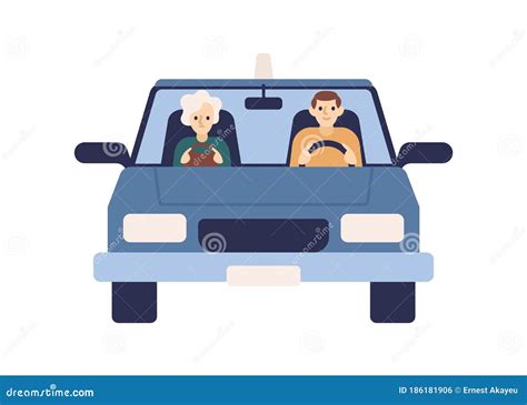 Male Driver And Female Passenger Ride At Car Together Vector Flat