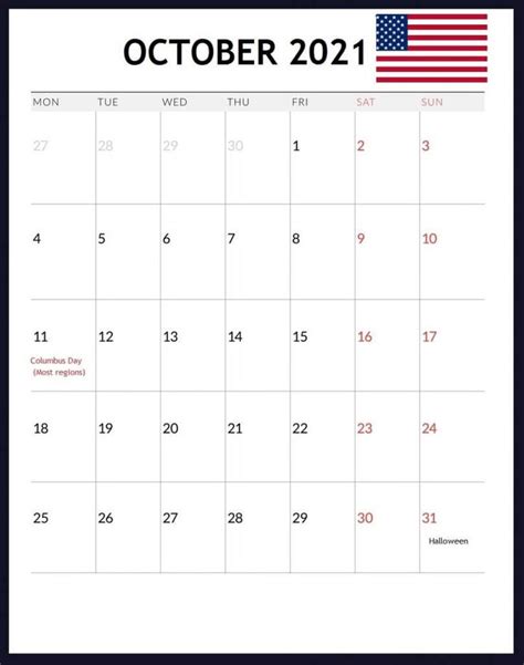 Usa October 2021 Holidays Calendar Holiday Calendar Calendar Holiday