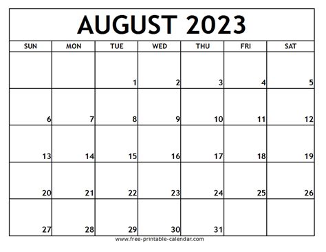 August 2023 Printable Calendar Free Printable