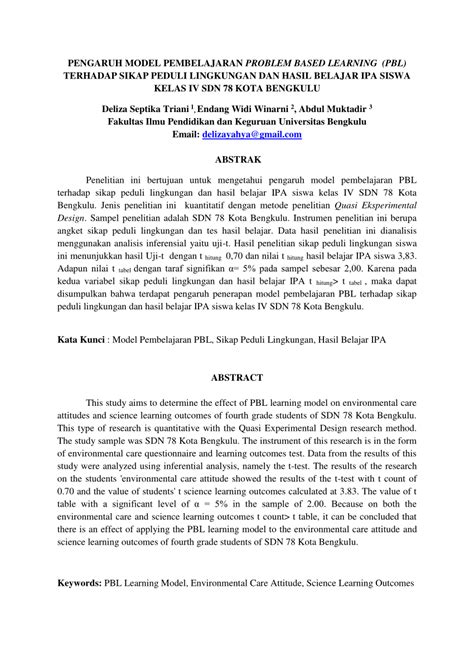 Pdf Pengaruh Model Pembelajaran Problem Based Learning Pbl Terhadap