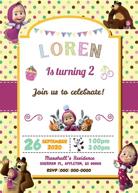 Digital File Printable Masha And The Bear Invitation Birthday Party Hot Sex Picture