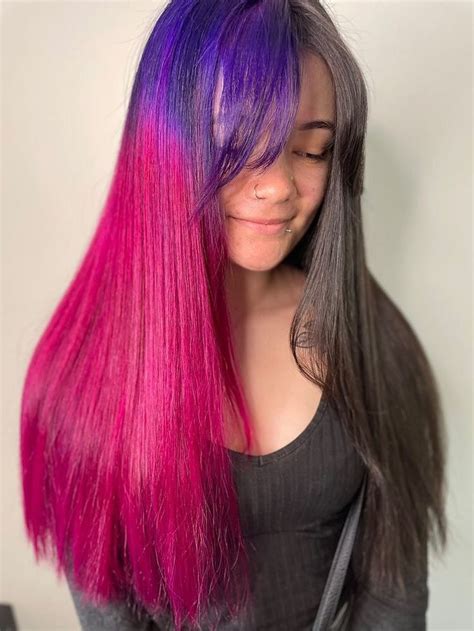 Half Purple And Pink Ombré Split Dyed Hair Split Dyed Hair Dyed Hair