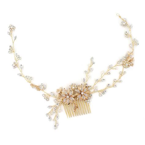 jonnafe gold silver color floral wedding hair vine bridal crystal long hair comb hand wired