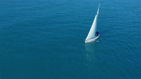 Aerial View Yacht Sailing On Opened Sea Sailing Boat Yacht From