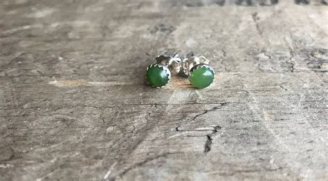 Green Gemstone Stud Earrings Sterling Studs Nephrite Green